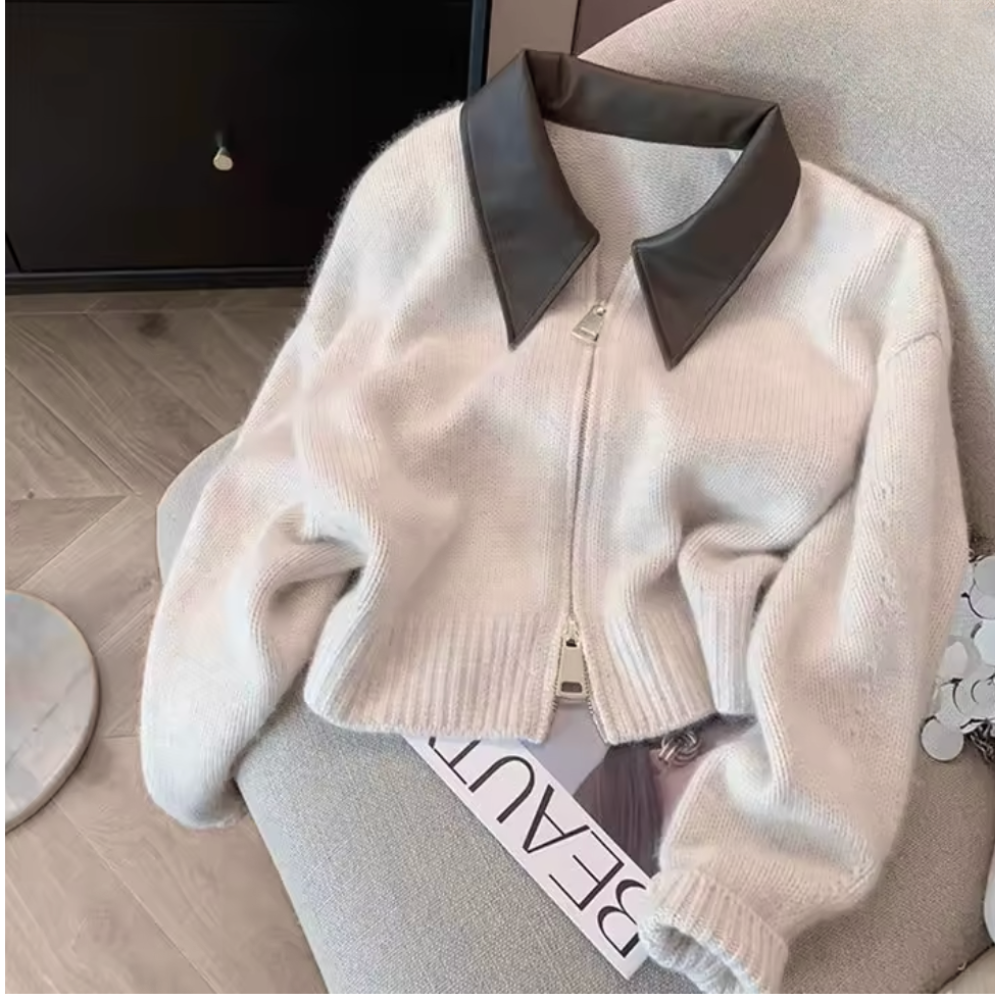 Cropped Knit Zip Vest met Leren Kraag
