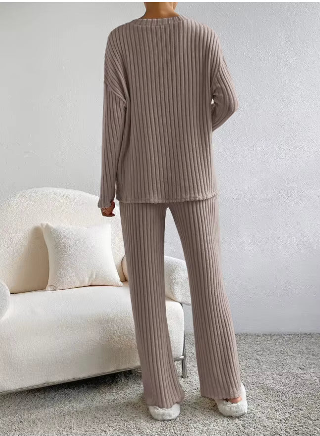 Ribbed Cozy Lounge Set β Trendy Comfy Two-Piece voor Thuis & Casual Wear