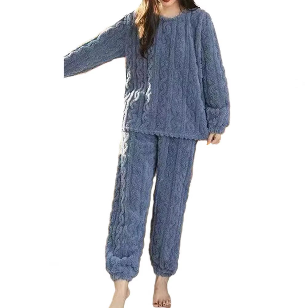 1 Set Winter Pajamas Warm Plush 2-Piece Sleepwear Set Stylish Comfortable Pullover and Pants for Autumn Winter