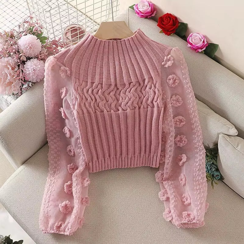 Women'S Tight Sweater T-Shirt Puff Sleeve Mesh Stitching Crew Neck Slim Tops Knitted Warm Pullover
