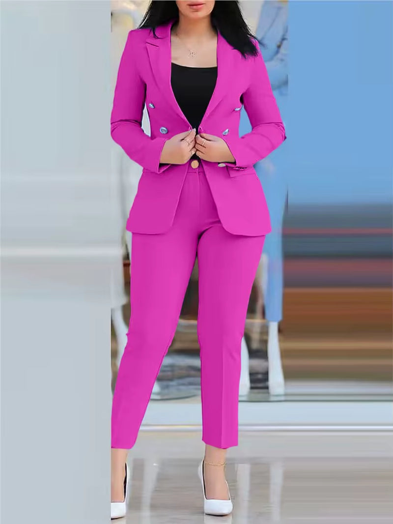 Elegant Office Lady Two Piece Sets New Autumn Winter Women Fashion Notched Neck Long Sleeve Blazer & High Waist Work Pants Suit