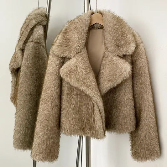OFTBUY Faux Fur Jacket Women Fashion Vintage Turn-Down Collar Coat Long Sleeve Fur Coat Eco-Friendly Autumn Winter Streetwear