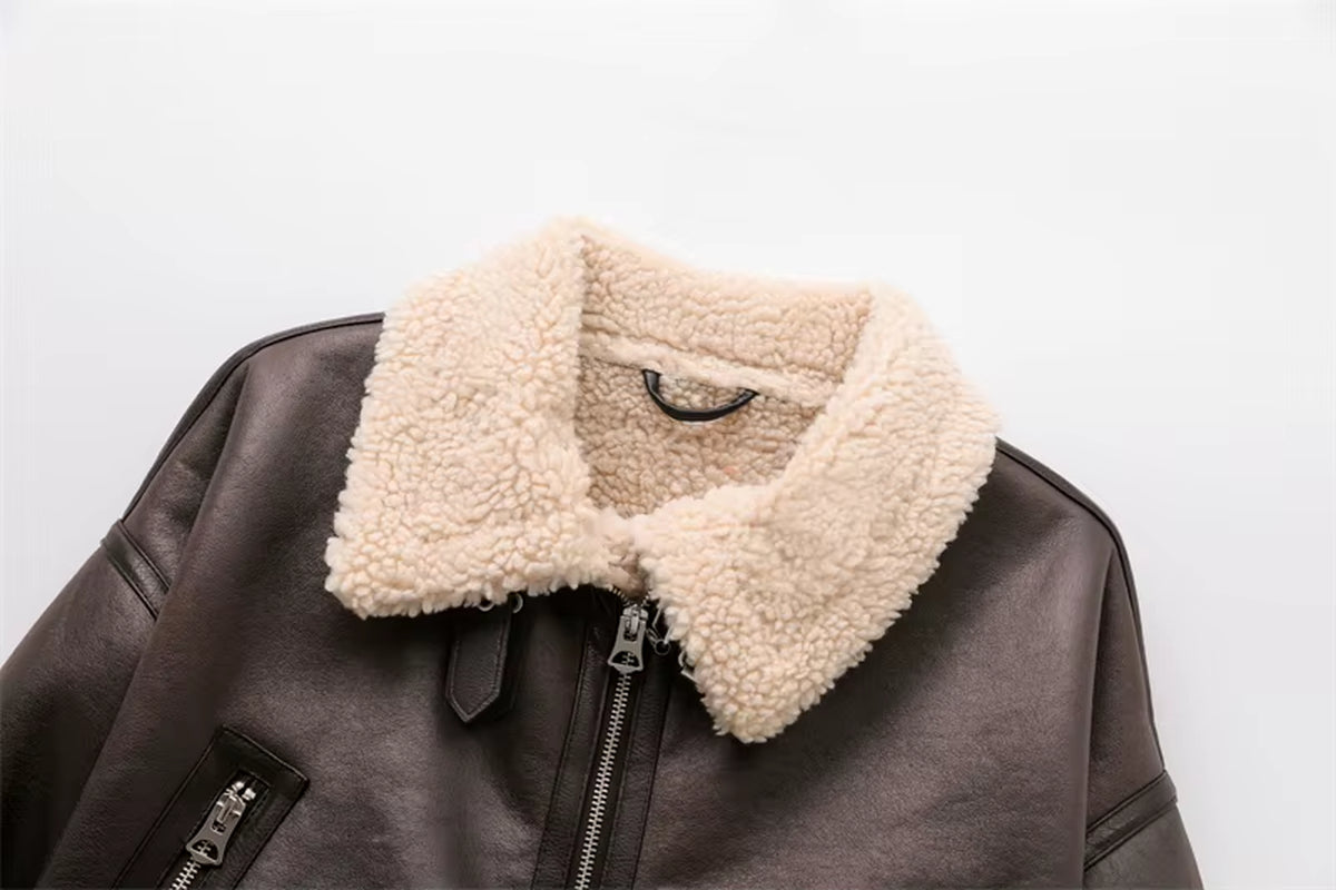 2024 New Woman'S Fashion Thick Warm Faux Shearling Jacket Coat Vintage Long Sleeve Belt Hem Female Outerw