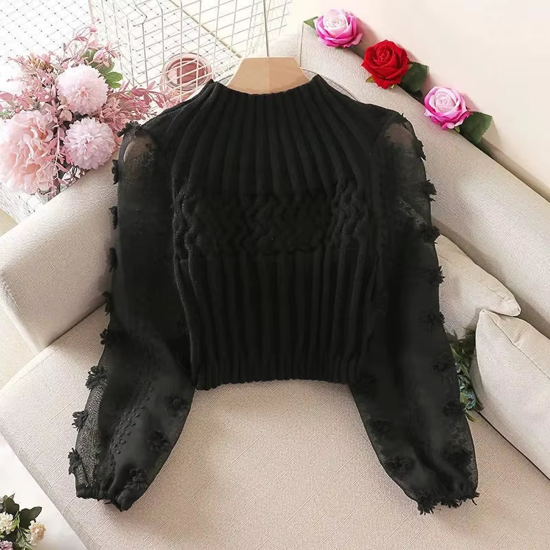 Women'S Tight Sweater T-Shirt Puff Sleeve Mesh Stitching Crew Neck Slim Tops Knitted Warm Pullover