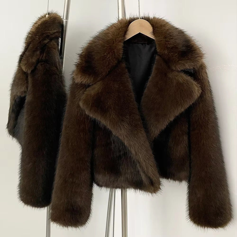 OFTBUY Faux Fur Jacket Women Fashion Vintage Turn-Down Collar Coat Long Sleeve Fur Coat Eco-Friendly Autumn Winter Streetwear