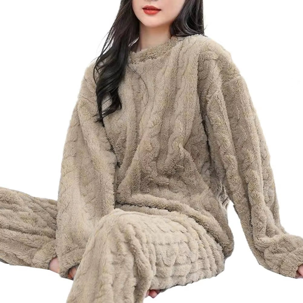 1 Set Winter Pajamas Warm Plush 2-Piece Sleepwear Set Stylish Comfortable Pullover and Pants for Autumn Winter