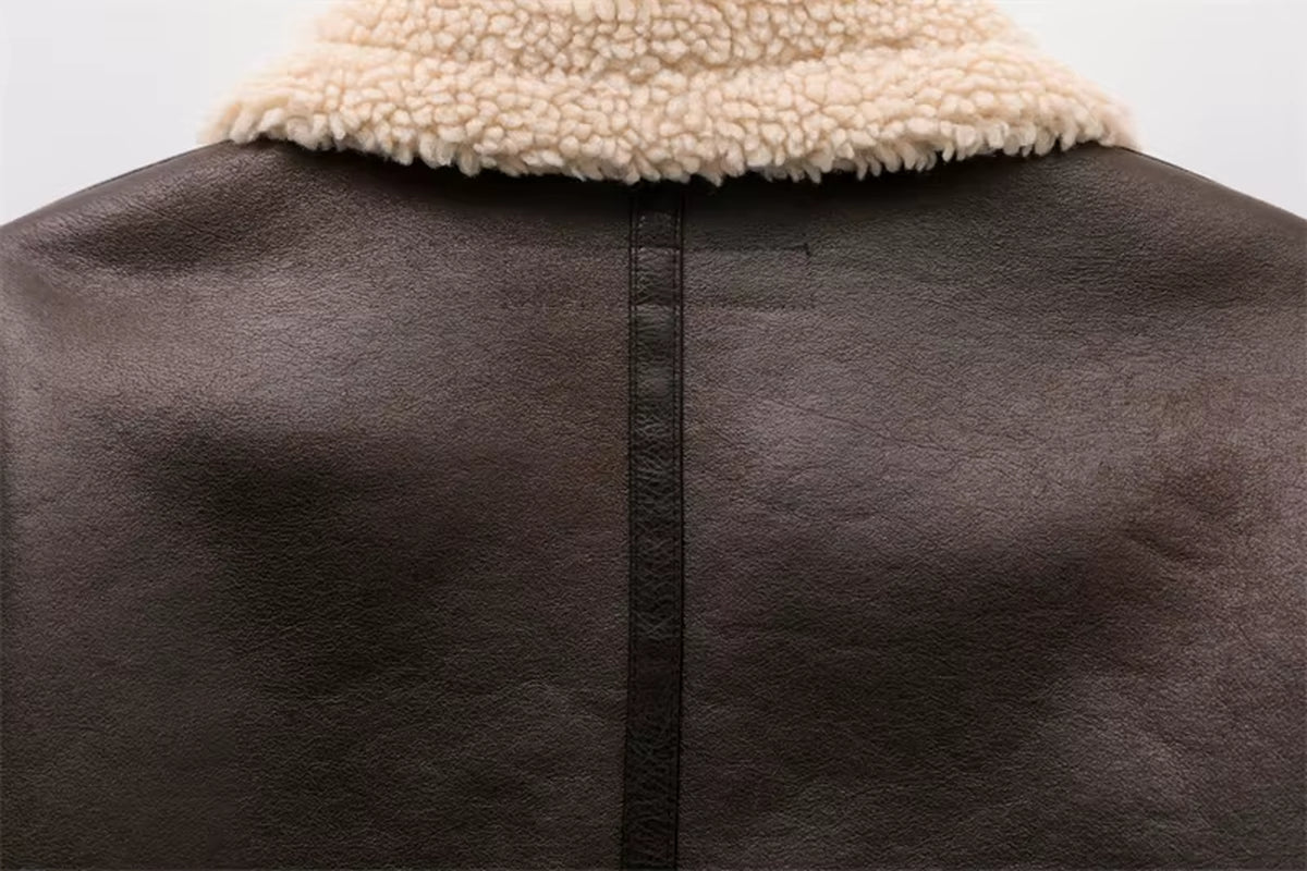 2024 New Woman'S Fashion Thick Warm Faux Shearling Jacket Coat Vintage Long Sleeve Belt Hem Female Outerw