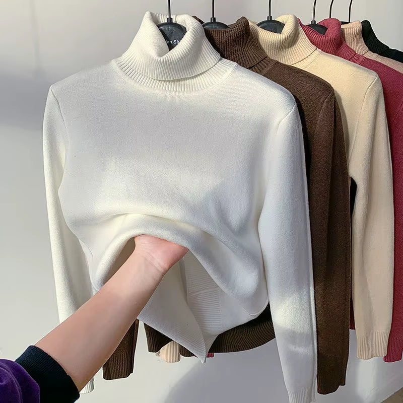 Turtleneck Winter Sweater Women Elegant Thicken Velvet Lined Warm Sueter Knitted Pullover Slim Tops Jersey Knitwear Jumper New