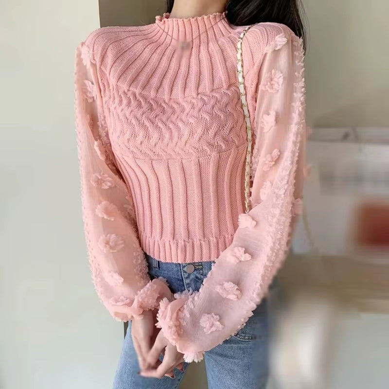 Women'S Tight Sweater T-Shirt Puff Sleeve Mesh Stitching Crew Neck Slim Tops Knitted Warm Pullover