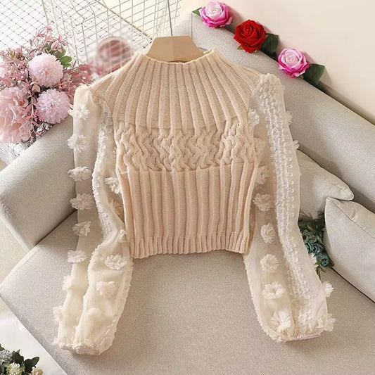 Women'S Tight Sweater T-Shirt Puff Sleeve Mesh Stitching Crew Neck Slim Tops Knitted Warm Pullover