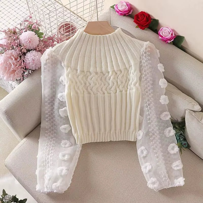 Women'S Tight Sweater T-Shirt Puff Sleeve Mesh Stitching Crew Neck Slim Tops Knitted Warm Pullover