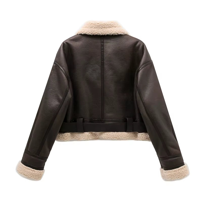 2024 New Woman'S Fashion Thick Warm Faux Shearling Jacket Coat Vintage Long Sleeve Belt Hem Female Outerw