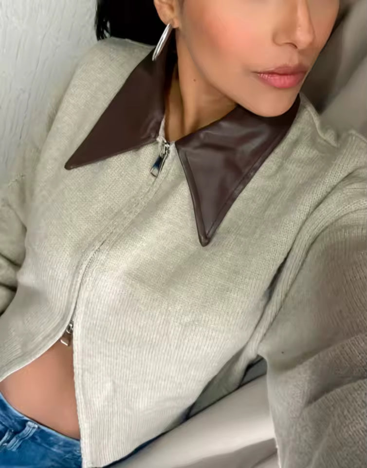 Cropped Knit Zip Vest met Leren Kraag