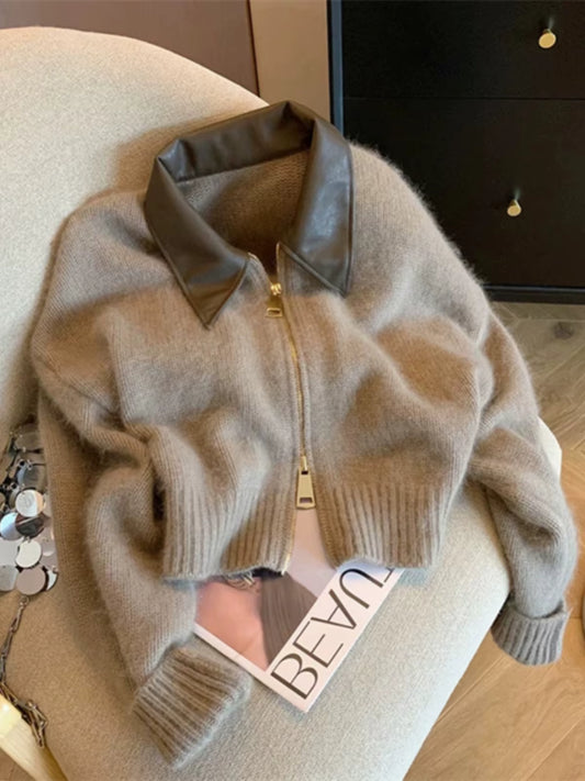 Cropped Knit Zip Vest met Leren Kraag