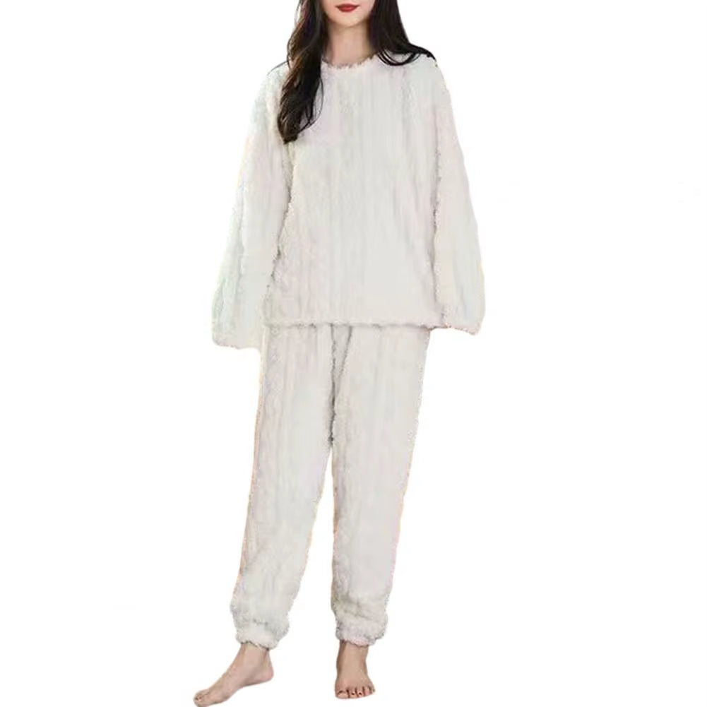 1 Set Winter Pajamas Warm Plush 2-Piece Sleepwear Set Stylish Comfortable Pullover and Pants for Autumn Winter