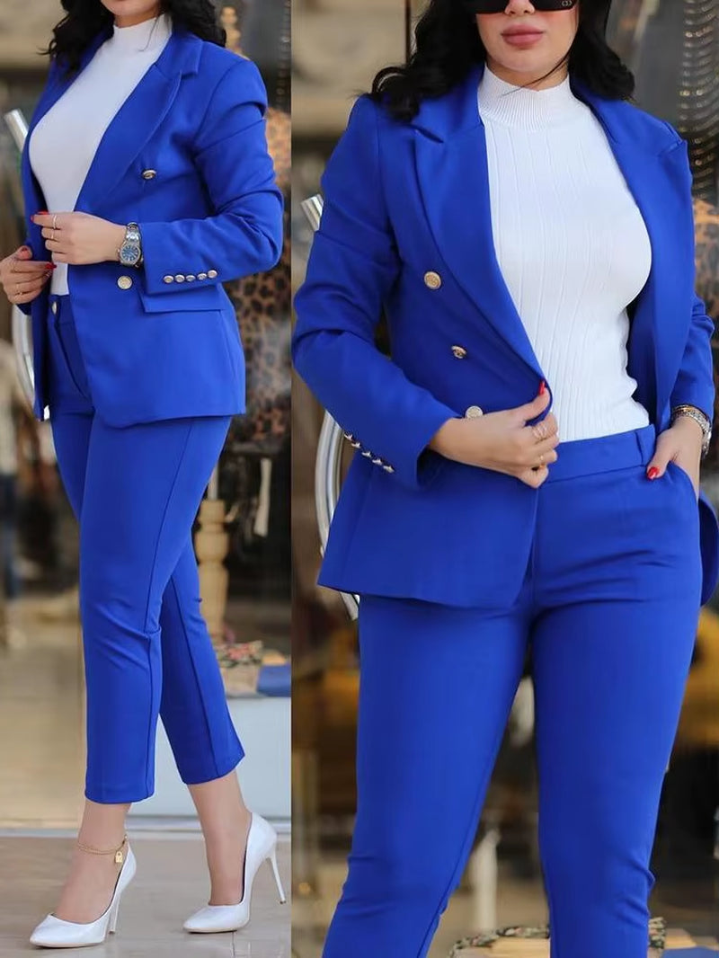 Elegant Office Lady Two Piece Sets New Autumn Winter Women Fashion Notched Neck Long Sleeve Blazer & High Waist Work Pants Suit