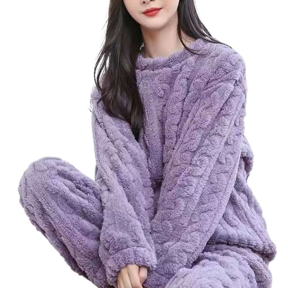 1 Set Winter Pajamas Warm Plush 2-Piece Sleepwear Set Stylish Comfortable Pullover and Pants for Autumn Winter