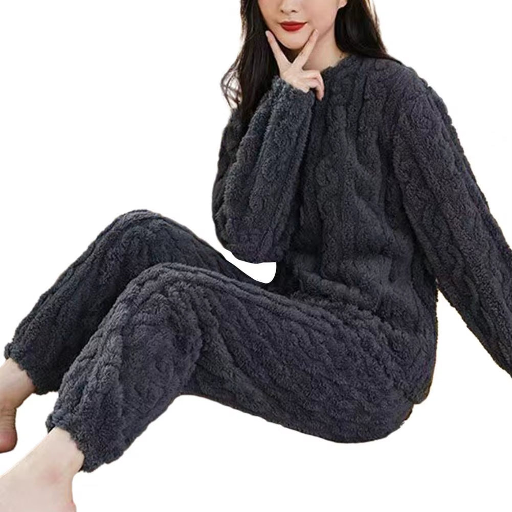 1 Set Winter Pajamas Warm Plush 2-Piece Sleepwear Set Stylish Comfortable Pullover and Pants for Autumn Winter