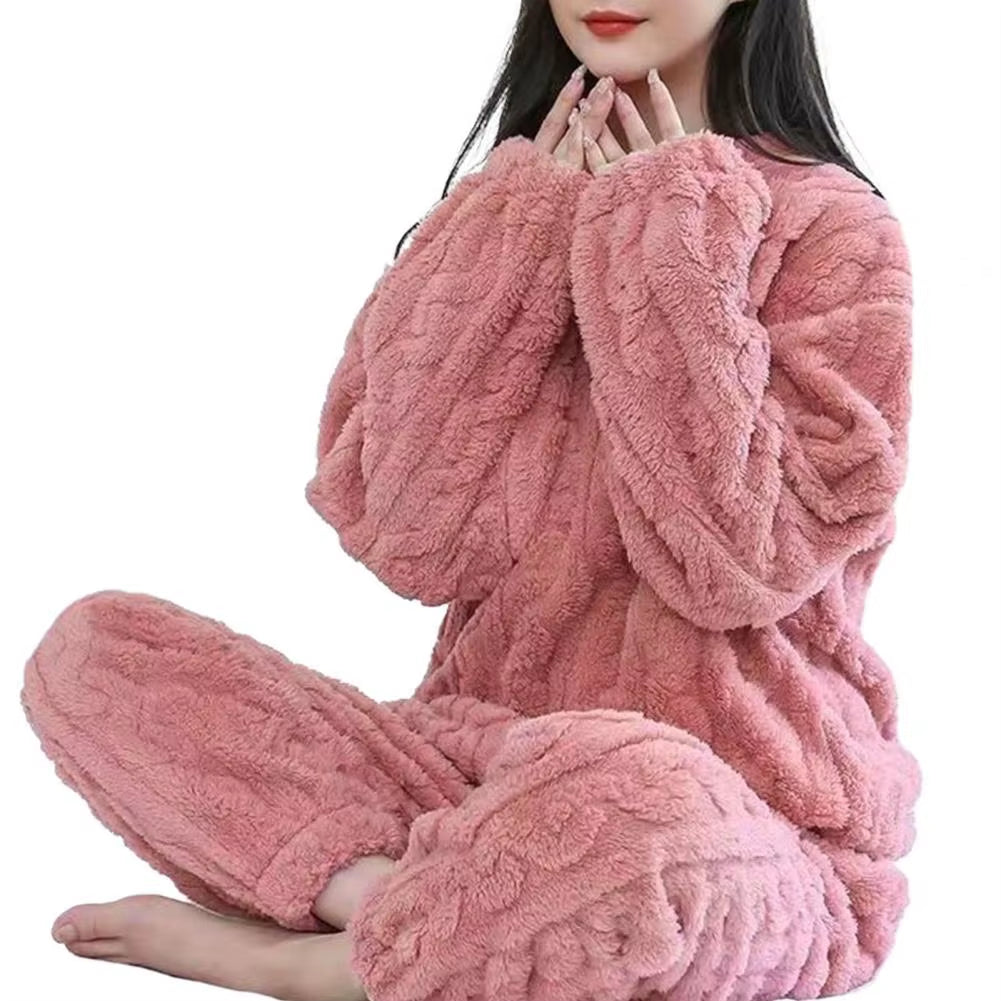 1 Set Winter Pajamas Warm Plush 2-Piece Sleepwear Set Stylish Comfortable Pullover and Pants for Autumn Winter